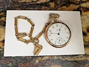 VINTAGE ELGIN TRANSIT POCKET WATCH, 20 YEAR GOLD FILLED 17J 12S W / CHAIN - Picture 1 of 10