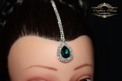 Tikka Tiara Diadem Stirnschmuck Haarschmuck Bindi Strass Bollywood Silber / Grün - Bild 1 von 3