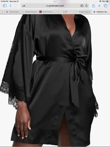 Victoria's Secret Lace Inset Satin Robe in Black sz Med/Lg NWT $90 retail - Picture 1 of 7