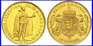 1910 AUSTRO-HUNGARIAN EMP GOLD 10 CROWNS w ANGELS All Hungarian RARE Type AU-BU! - Picture 1 of 1