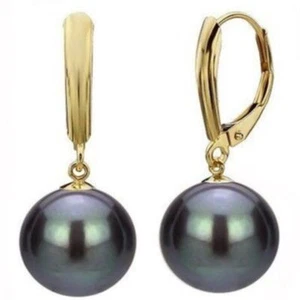 12MM Black South Sea Shell Pearl 14K Gold Plated Dangle Earrings Crystal - Picture 1 of 1