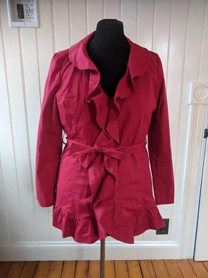 Chaqueta Sandro Studio Rojo Brillante Talla Grande Volantes Cuello y Bordes Corbata Cinturón Forrado  Foto 1 de 4