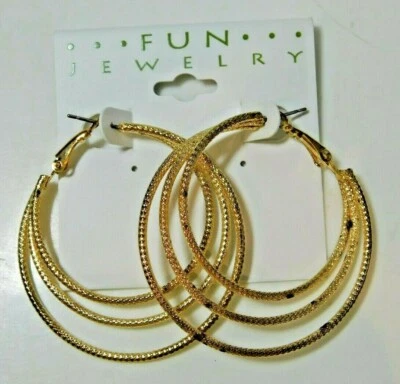 NWT FUN Schmuck Mode Ohrringe Stud Dreifach Hoop Rund Texturiert Goldton B19 - Bild 1 von 2