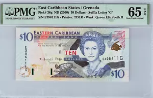 Rare! East Caribbean States $10 Dollars 2000 Pick 38g Grenada PMG 65EPQ Gem UNC - Picture 1 of 13