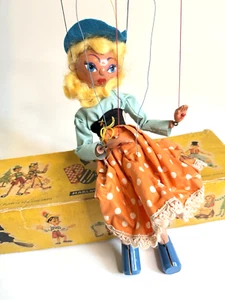 Vintage Boxed Wooden Marionette Pelham String Puppet - Blonde Girl Polka Dots - Picture 1 of 20