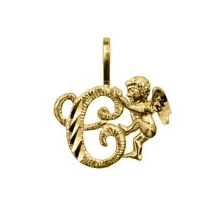 Echt 14k Gelbgold 0,59" Cherub und Kursivschrift Anfangsbuchstabe C Anhänger - Bild 1 von 5