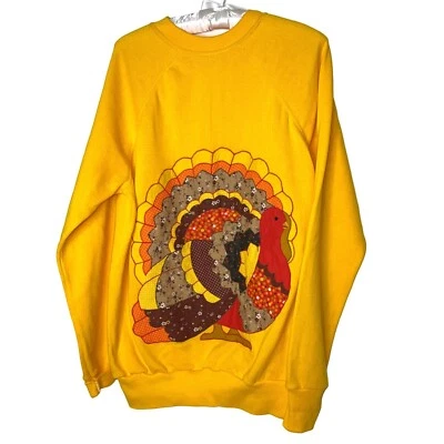 Vintage Sweatshirt Womens Size Medium Yellow Turkey Applique Crewneck Upcycled - Image 1 of 4