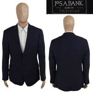 NEW Jos A Bank Natural Stretch Slim Fit Traveler Navy Blue Check Suit Jacket 40R - Picture 1 of 10
