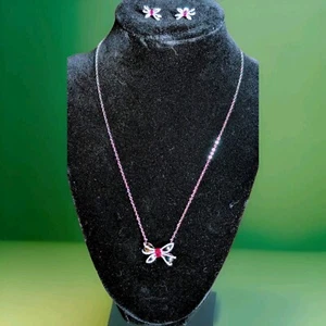 Lovely Simulated Ruby Bow Stud Earrings & 18 Inch Pendant Necklace. New - Picture 1 of 7