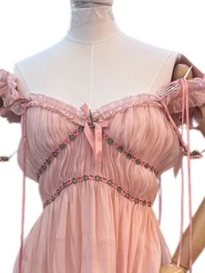 Abito pizzo Aurora midi chiffon rosa cottagecore corsetto edoardiano taglia L nuovo con etichette - Foto 1 di 10