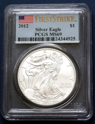 Silver Eagle 2012 graduación profesional MS69 First Strike, etiqueta de bandera - envío gratuito Foto 1 de 2
