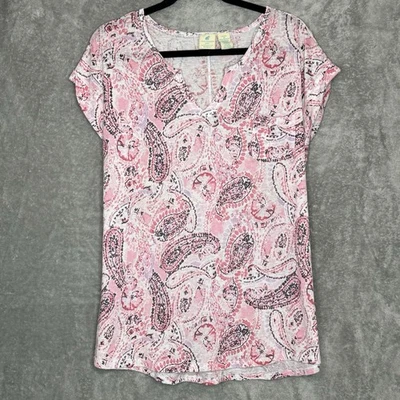 Caribbean Joe 1X Shirt Top Pink Paisley Cap Short Sleeve V Neck Knit Womens - Image 1 of 4