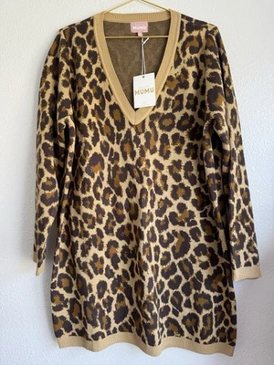 ¡NUEVO CON ETIQUETAS! Show Me Your MuMu Hartford Tejido Suéter Vestido Leopardo Cuello en V Túnica Talla: XL Foto 1 de 4