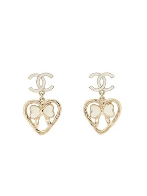 CHANEL White Enamel Heart & Bow CC Drop Earrings - Image 1 of 4