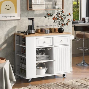 Carro de cocina Harper and Bright Designs blanco con toma de corriente, hoja abierta - Imagen 1 de 10
