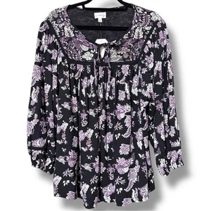 Wonderly size XL split neck pullover peasant top 3/4 sleeves floral pattern NWT - Afbeelding 1 van 15
