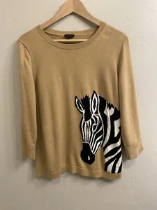 Talbots Women’s Size Large Tan Zebra 3/4 Sleeve Cotton Sweater - Picture 1 of 16