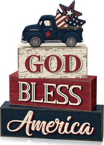 4 Pcs Patriotic 4Th of July Tabletop Decor Memorial Day Wood Block Sign God Bles - Picture 1 of 12