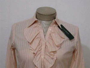 Polo Ralph Lauren Damen $ 90 kleines Knopfrüsche gestreiftes Shirt Bluse rosa cremefarben - Bild 1 von 8