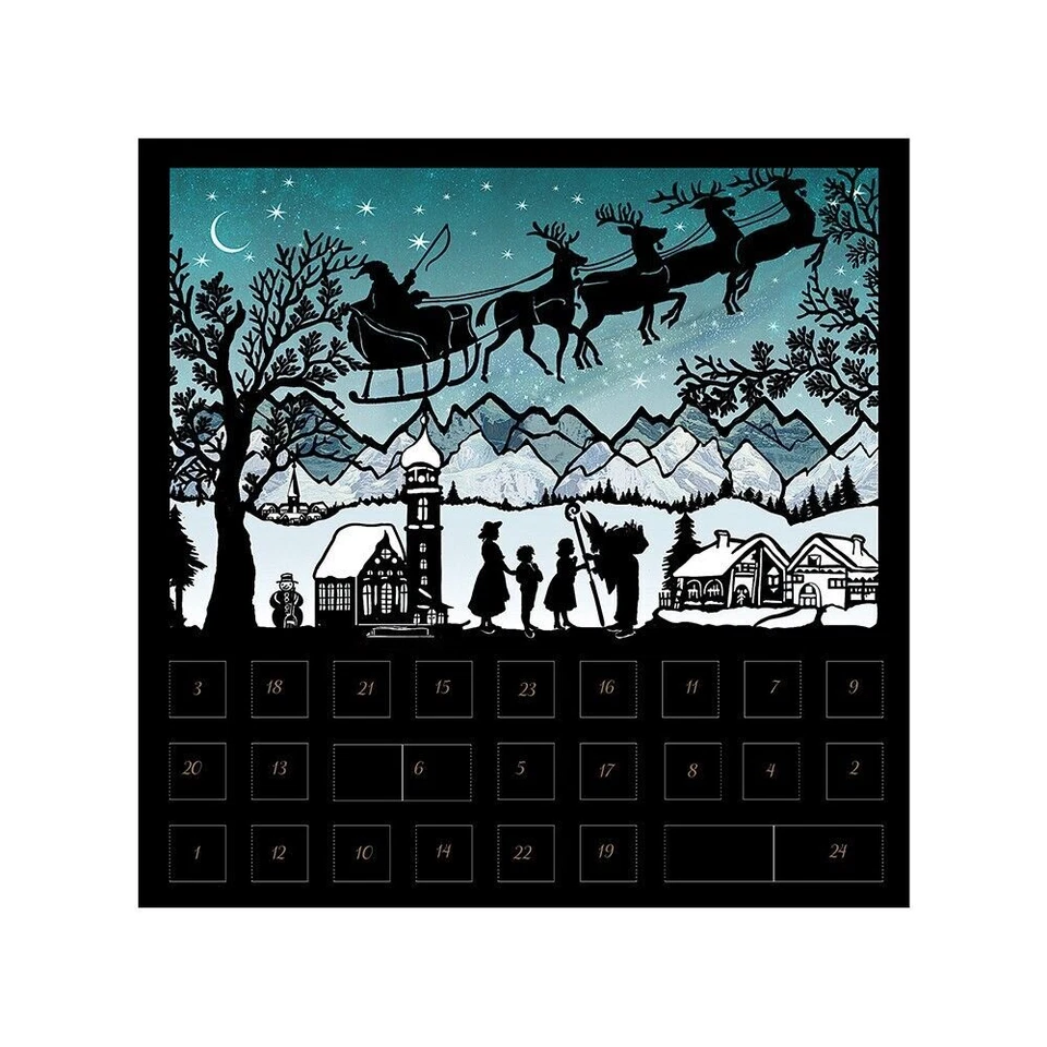 Green Santa Sleigh Christmas Scene Silhouette Advent Card with 24 doors + env - Image 1 of 1