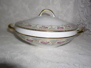 Fraureuth Germany Pink Flowers Gray Border Round Casserole Serving Bowl - Picture 1 of 6