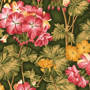 Flower Festival Geranniums cotton quilt fabric Benartex 4251-43 Gold Green - Picture 1 of 14