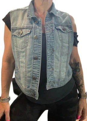 Earl Jean Womens Vintage Denim Vest Cutout Lacey Boho Crochet Lace Back Med Wash - Image 1 of 4