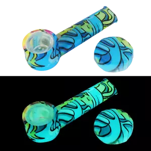 Glows in dark Silicone Smoking Pipe, Glass bowl & Cap Lid ~ Assorted ~ 3.5 inch. - Picture 1 of 1