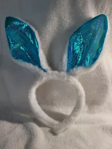 PLUSH BUNNY EARS!!! white blue easter rabbit head band furry hair costume - Picture 1 of 3