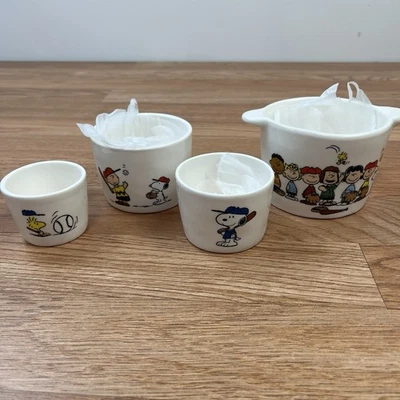 Rae Dunn Snoopy Peanuts Gang Baseball Set of 4 Ceramic Measuring Cups NEW - Image 1 of 4