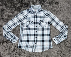 O'Neill Flannel Shirt Women's Small White Black Plaid Roll Tab Sleeve Button Up - Picture 1 of 16