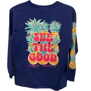 Simply Southern Long Sleeve Tee Youth Large Navy Pineapple Cute! - Picture 1 of 12