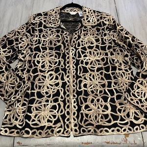 Laura Ashley Blazer Jacke schwarz Goldband Blumenmuster durchgehender Reißverschluss Kunst zum Tragen Gr. 1X - Bild 1 von 7