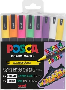 uni-ball 186828 Posca Marker Set Sneaker Pens 8 Case Opaque on Dark Surfaces Lig - Picture 1 of 5