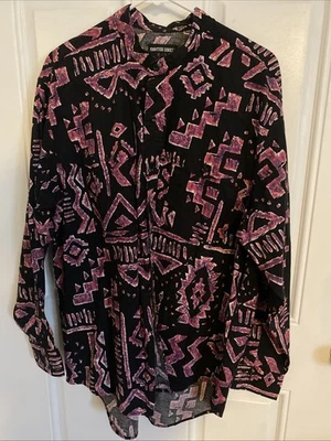 Винтажная мужская красно-черная рубашка Frontier Series Aztec без воротника на пуговицах спереди размер XL - Изображение 1 из 4