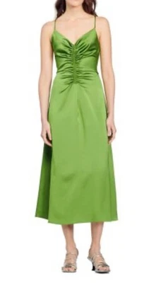 SANDRO Zola Satin Midi Slip Dress FR38 US6 UK10 M Green Flared Ruched - Image 1 of 4