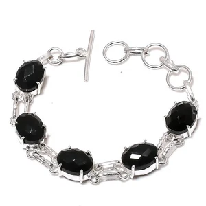 Black Spinel Gemstone Handmade 925 Sterling Silver Jewelry Bracelet Size 7-8" - Picture 1 of 1