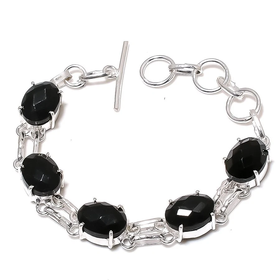 Black Spinel Gemstone Handmade 925 Sterling Silver Jewelry Bracelet Size 7-8" - Image 1 of 1