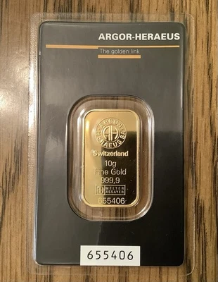 10g  .9999 Fine Gold Bar,  Argor-Heraeus Switzerland - Image 1 of 2