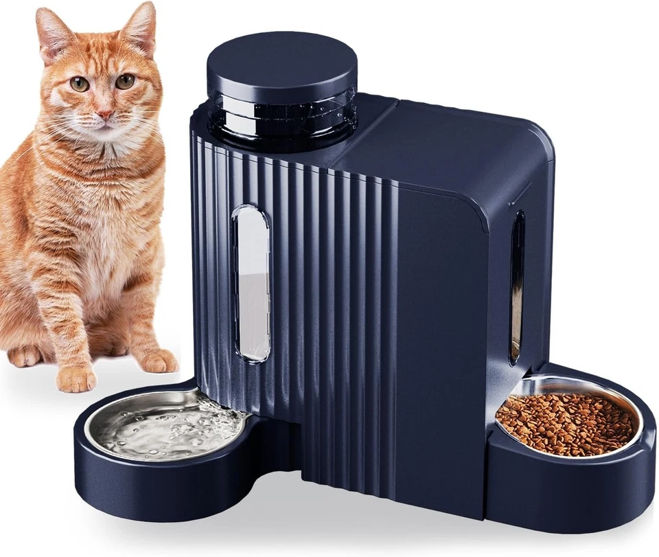 Alimentador automático de alimentos para gatos por gravedad y dispensador de agua de acero inoxidable dos en uno Foto 1 de 4