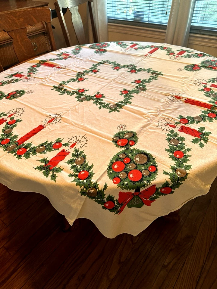 Vtg Xmas Cotton Topiary Tree Tablecloth 45x52" MCM Candles Holly Garland FreShip - Image 1 of 4
