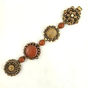 Vintage Miriam Haskell Orange Jade Bracelet W/ Gold Tone Beaded Panels - Picture 1 of 10