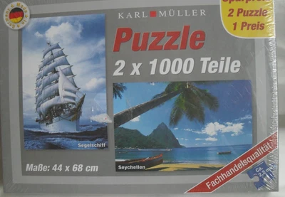 Karl Müller Puzzle 2 x 1000 Teile, Segelschiff, Seychellen, OVP, Made in Germany - Bild 1 von 4