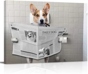 Leinwandbild Gemälde Hund liest Zeitung auf Toilette Wandbild Badezimmer Deko - Bild 1 von 4