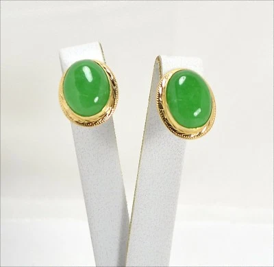 Pendientes de Oro Amarillo 18KT Con Jade Verde Ovalados Oght 076 - Imagen 1 de 3