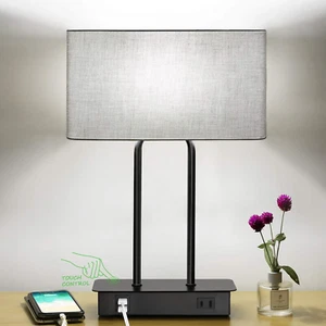 Bedside Touch Control Table Lamp with Dual USB Charging Ports 1 AC Outlet, 3 Way - Picture 1 of 12