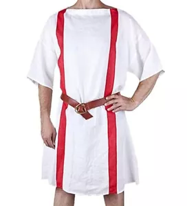 Medieval Roman/Greek Men's Full Sleeves Cotton White Tunic Red Strip - Picture 1 of 6