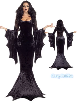 SN-C3-5 Damas Negro Largo Terciopelo Vampiro Sirena Corte Vestido Disfraz Halloween Foto 1 de 4