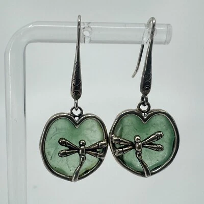 Sterling Silver Carved Aventurine Dragonfly Earrings QVC Signed BJ China 1.5” - Image 1 of 4