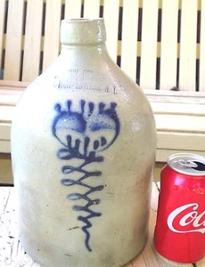 ANTIQUE PRIMITIVE COUNTRY BLUE DESIGN 1 GAL. FORT EDWARD NY US STONEWARE ART JUG - Picture 1 of 14